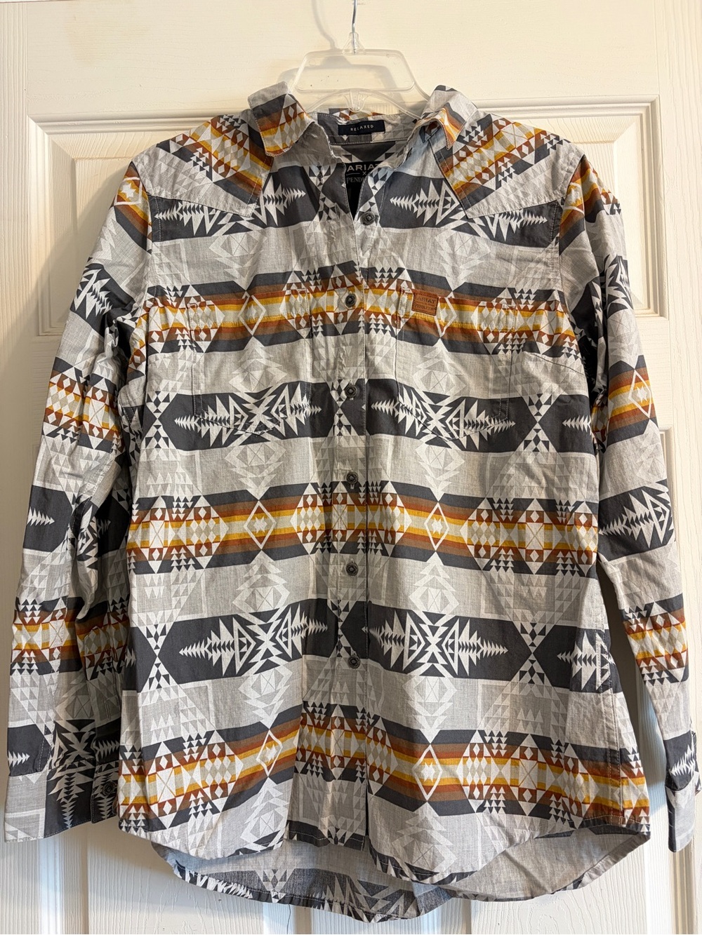 Women’s Geometric Print Button-Up Shirt Jacket - Gray & Brown